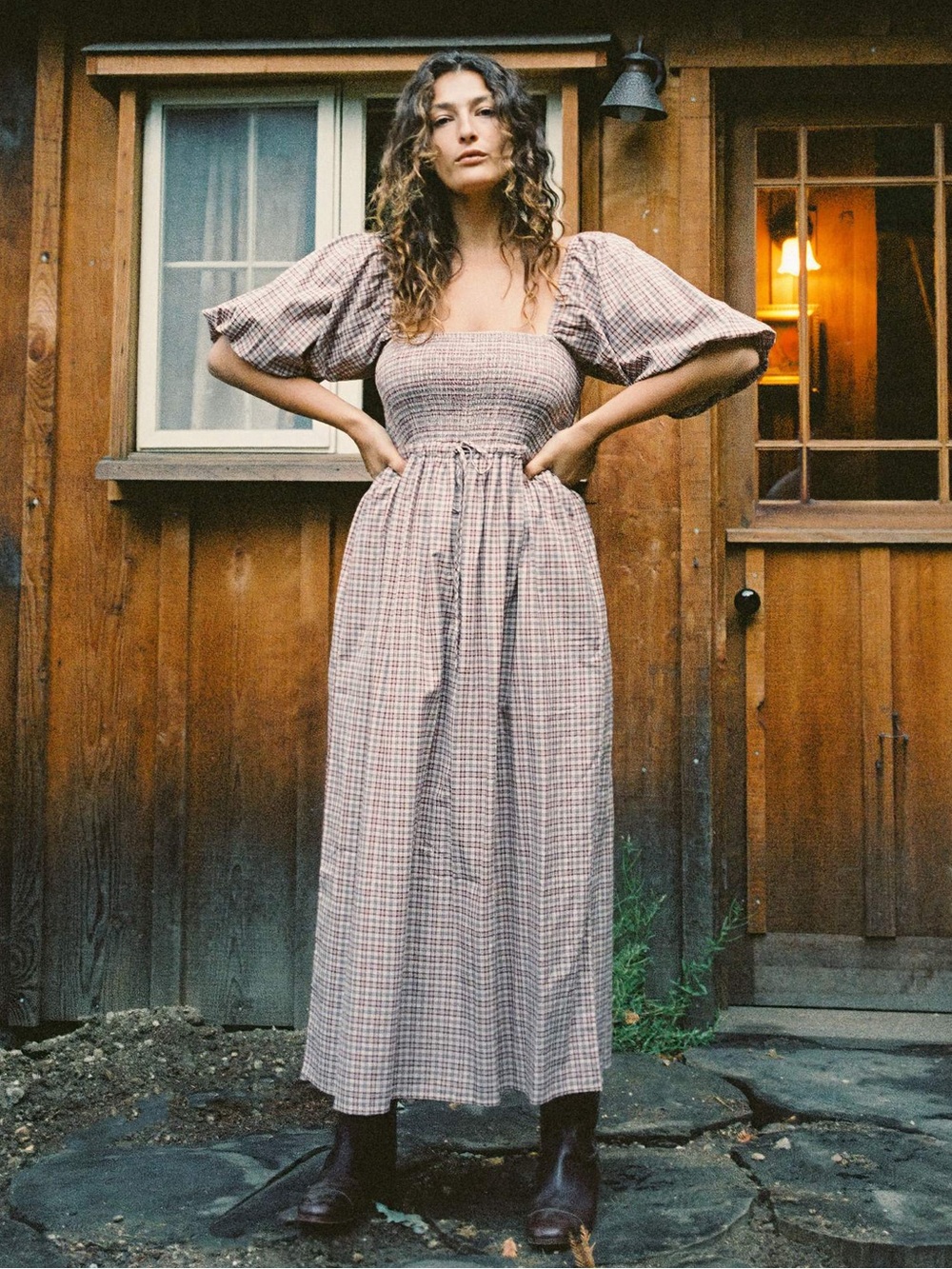 Christy Dawn Ruby Plaid Katrina medium Checked Smocked Maxi Dress Beige burgundy